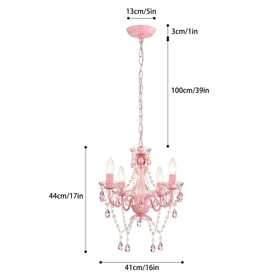 Lámpara de araña de cristal rosa, pequeñas luces de techo acrílicas de 4 luces para dormitorio de niñas Foto 2 de 4