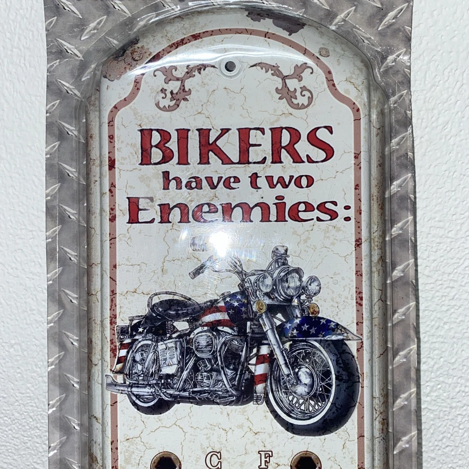 Tin Roads End Motorcycle Thermometer Bikers Have Two Enemies Rust & Politicians  - Image 2 of 4