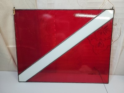Dive Flag Scuba Diver Down Red & White Stained Glass Sun Catcher  14'' x 11''