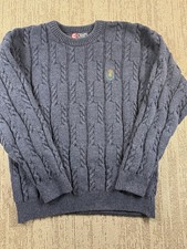 Vintage Chaps Ralph Lauren Sweater Mens Large Blue Cable Knit Crest Made USA 90s