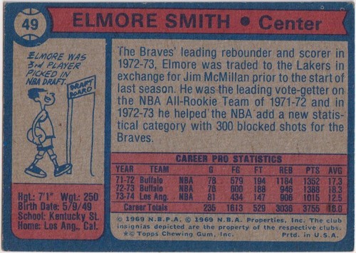 1974-75 Topps NBA #49 Elmore Smith Lakers Buffalo Braves Bucks Cavaliers - Picture 2 of 2