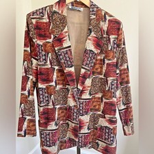 Vintage 80s Abstract Geometric Print Blazer Artsy Boho Jacket Size 8