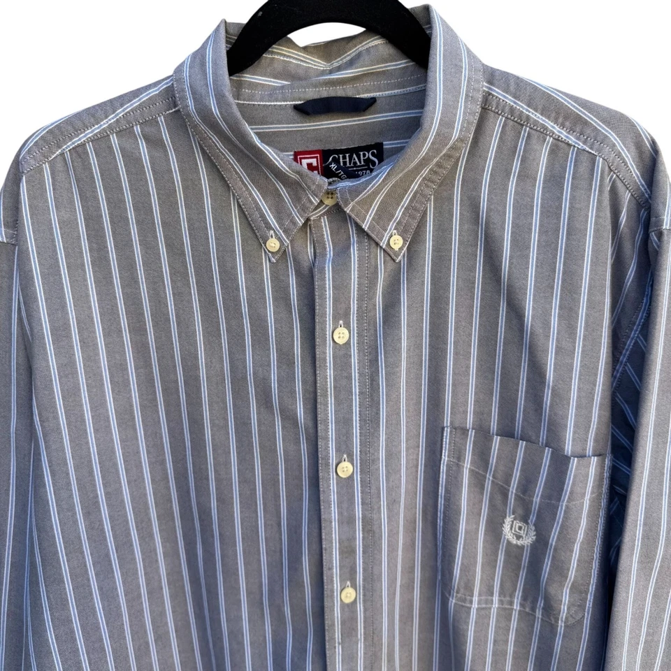Chaps Ralph Lauren Mens Long Sleeve Button-Up Gray Blue White Striped Shirt XL - Image 3 of 4