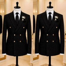 Business Pinstriped Men's Suit Double Breasted Offical 2Pcs Black Tuxedo Jacket