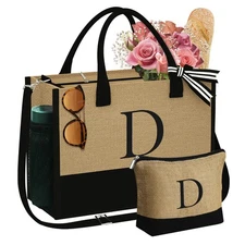 Personalized Initial Tote Bag - Embroidered Jute Beach Bag Gift for Her