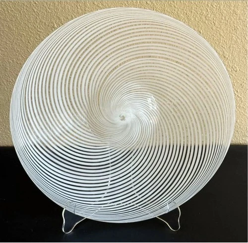 Vintage Mezza Filigrana Shallow Glass Bowl, Venini Murano 13.5" diameter