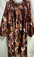 NWT Cotton Bleu 1X Smocked Boho Fall Floral Dress Brown Orange Abstract USA Made