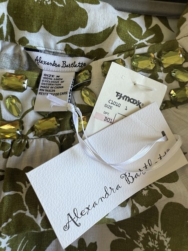 Alexandra Bartlett 100% Lino Chartreuse Verde Blanco Floral Túnica Top M Nuevo Con Etiquetas Puff - Imagen 7 de 7