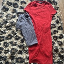 Damen Shirtkleid rot Midi Kurzarm Rundhals un...