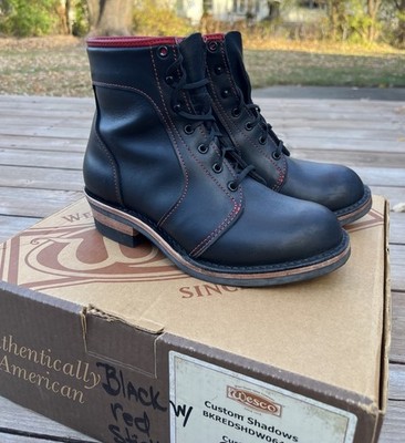 Wesco Custom Shadows Black Red Stitching Leather Work Boots Size 9W USA Made