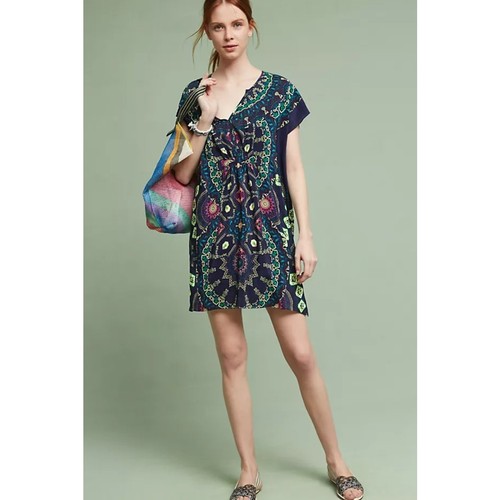 Anthropologie Maeve Silk Medallion Mini Caftan Tunic Dress Size Small Blue Multi - Picture 9 of 11