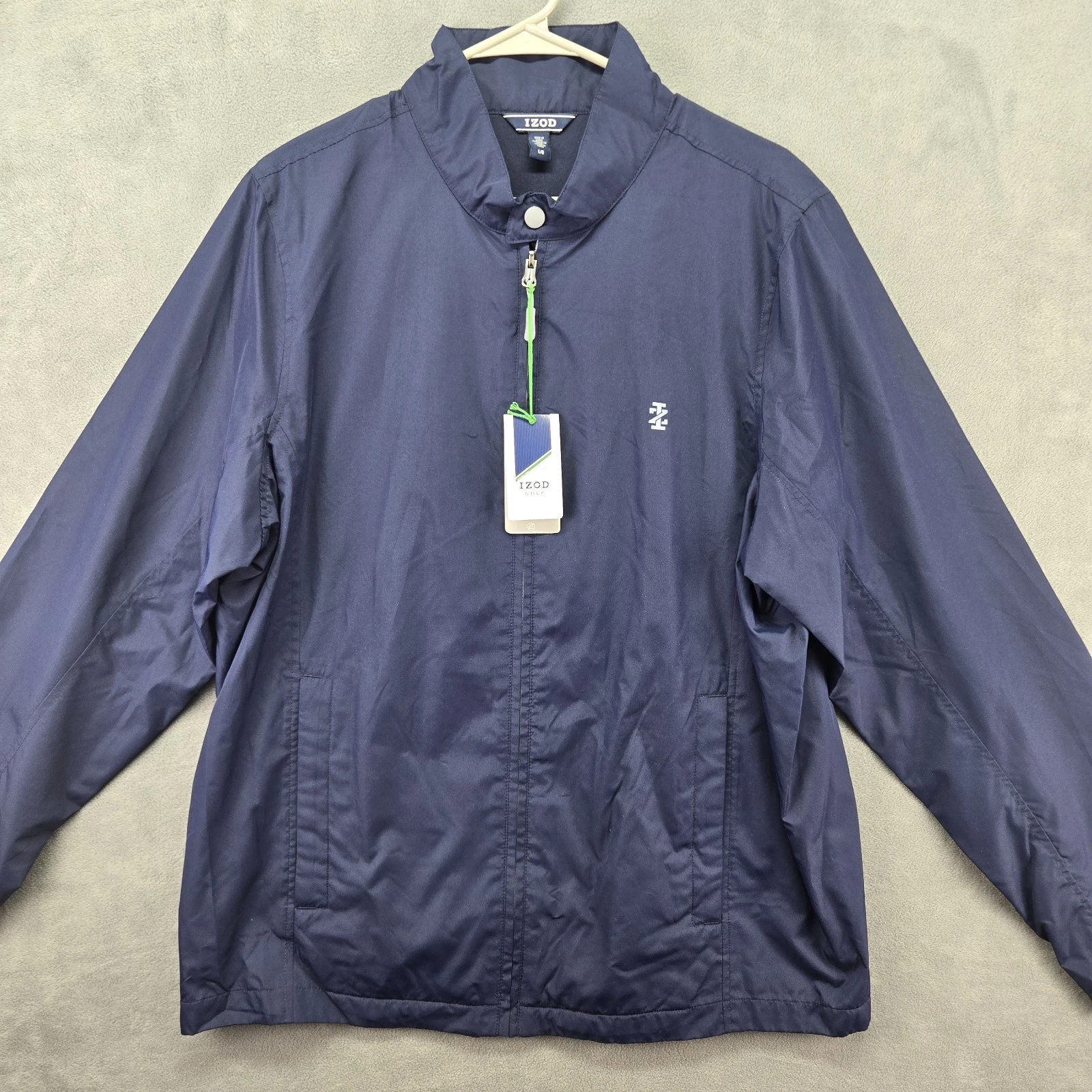 IZOD Men’s Golf Jacket Windbreaker Sz L Navy Blue Lined Pockets Wind Resistant