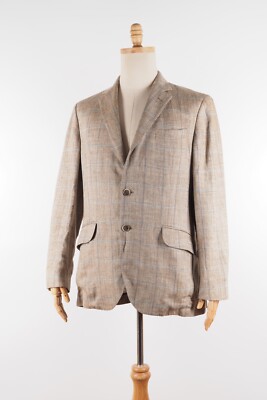 Hackett Men's Silk Linen Beige Brown Herringbone Jacket Blazer