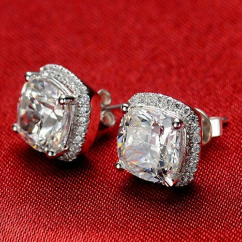 4Ct Cushion Cut Halo Diamond Simulated Earrings 14K White Gold 4 Love gift - Picture 6 of 7