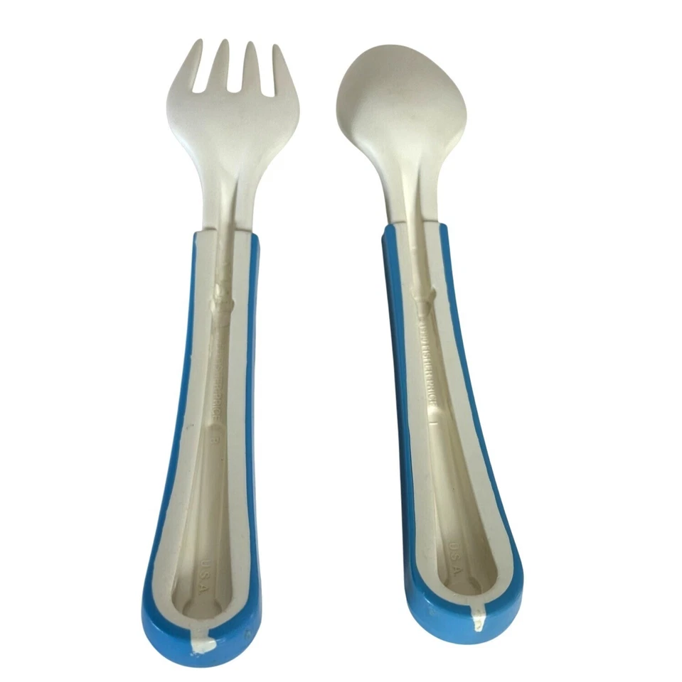Fisher Price Utensilios para Niños Azul Blanco De Colección Tenedor Cuchara Alimentación Bebé Niño Pequeño Foto 3 de 4