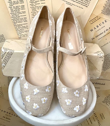Anthropologie Larroude Ballet Flat Daisy Embroidered Tan Fabric Maryjane 10 NEW - Picture 5 of 9