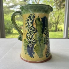 VTG Alsace France Art Pottery Hand Painted High Gloss Green Blue Yellow 6.5"H