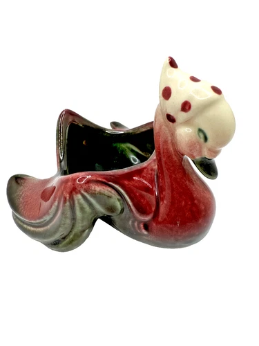 VINTAGE HULL USA MOTHER GOOSE DUCK SWAN CERAMIC PLANTER POLKA-DOT BONNET 3.5" H.