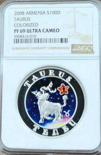 2008 ARMENIA SILVER 100 DRAM ZODIAC TAURUS NGC PF 69 ULTRA CAMEO TOP POP 1 