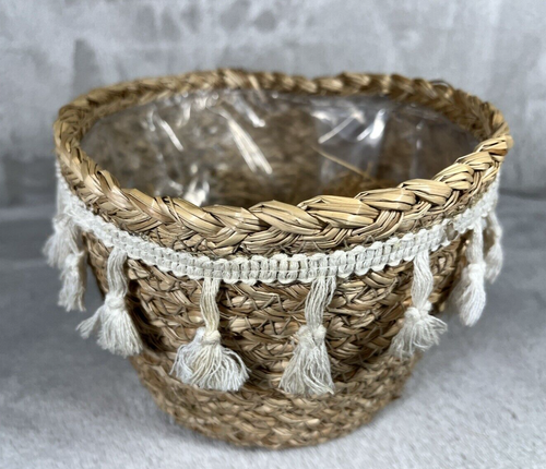 Vtg Small Round Natural Woven Wicker Planter Basket Boho Home Decor White Fringe - Picture 5 of 8