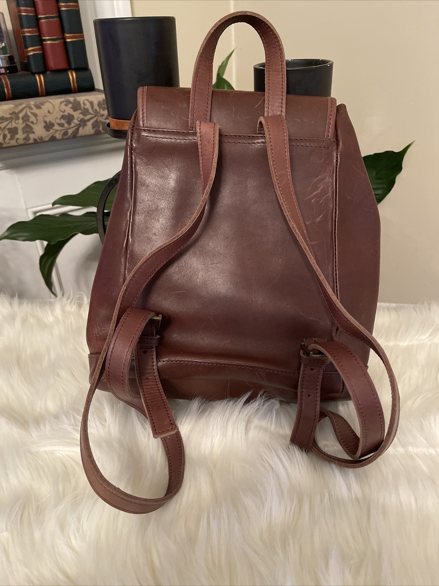 L.L Bean Brown Leather Backpack Drawstring Top Inside Zip