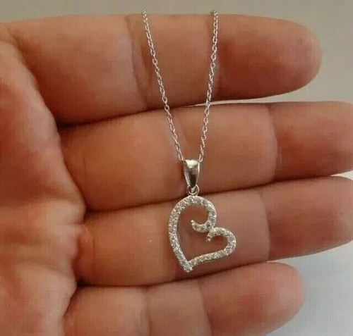 0.90Ct Round Cut Created Diamond Women's Heart Pendant 14k White Gold Plated 18" - Picture 2 of 3
