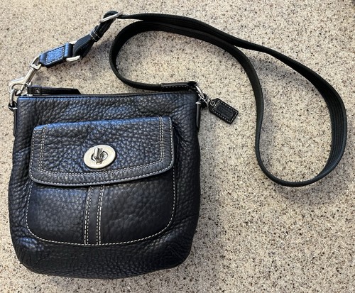 COACH Black Pebbled Leather Small Crossbody Bag Purse W/Turn Lock Flap Pocket