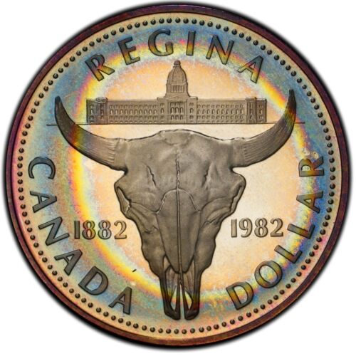 PR68DCAM 1982 Canada Regina Silver Proof Dollar, PCGS Trueview- Rainbow Toned