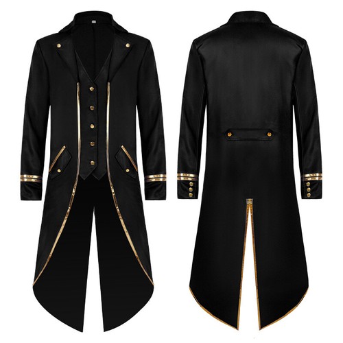 Retro Mens Gothic Jacket Steampunk Tailcoat Long Coat Halloween Medieval Costume - Picture 3 of 18