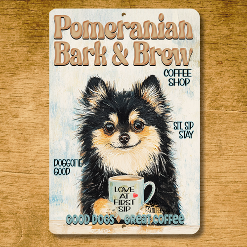Pomeranian Coffee Bar Sign Bark & Brew dog funny metal tin kitchen wall art gift - Picture 7 of 7