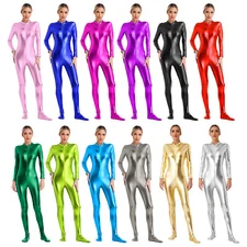 Women Shiny Metallic Bodysuit Long Sleeve Zentai Catsuit Jumpsuit  Dancewear