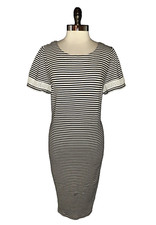 TALBOTS Plus Size 1X Sheath Dress Black White Stripes Short Sleeve Lace Cotton