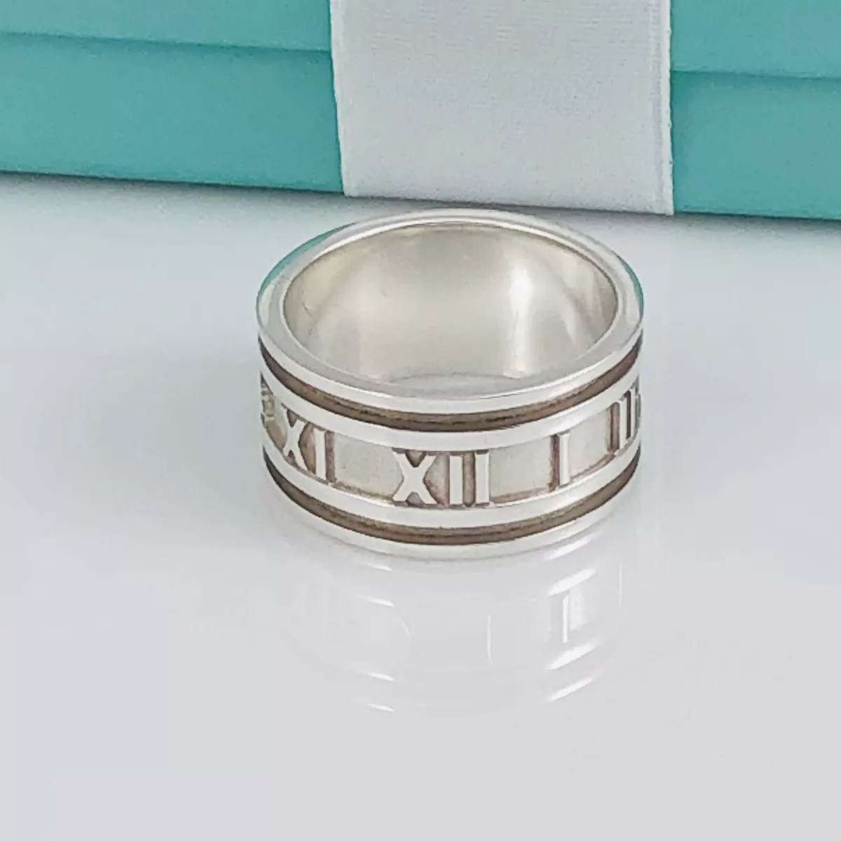 Size 5.5 Tiffany & Co Silver Atlas Ring Unisex Wide Band Roman Numerals Size 5.5 Tiffany & Co Silver Atlas Ring Unisex Wide Band Roman Numerals