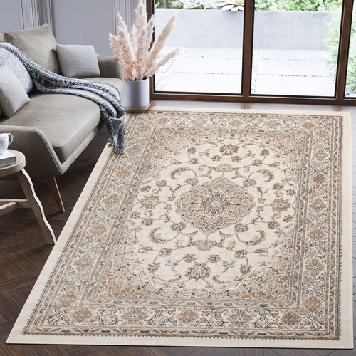 Modern Orientalisch Teppich Kurzflor Wohnzimmerteppich Beige Creme Grau Blau - Bild 110 von 187