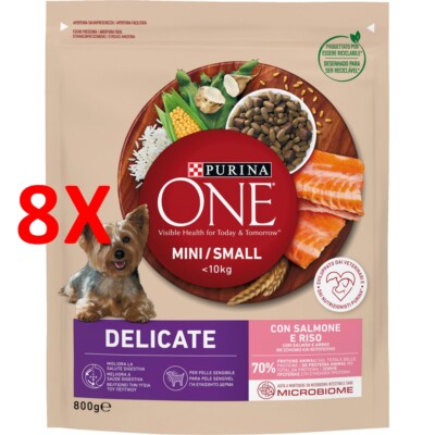 8 X Purina One Dog Mini Smoll 10 Lg Zarter Lachs Mit Reis Beutel 800 Gramm