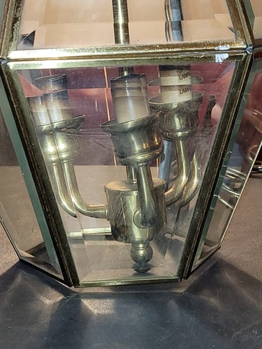 Lampadario a sospensione esagonale 3 luci vintage in vetro smussato fumè - Foto 7 di 16