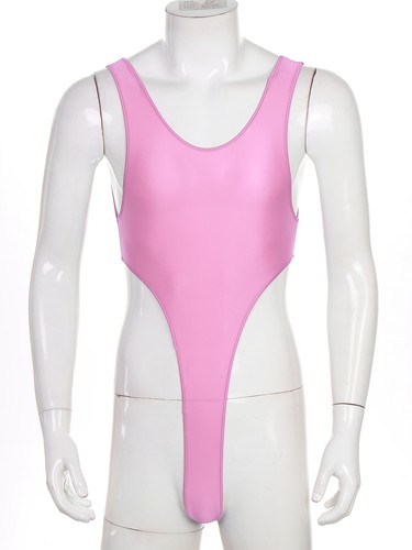 Men's One-Piece Glossy High Cut Bodysuit Deep U Neck Leotard Romper Activewear - Picture 34 of 100