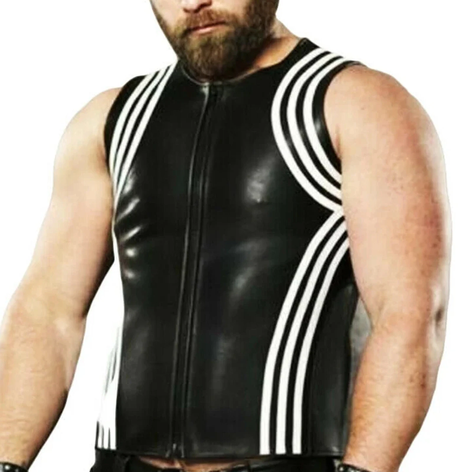 Fetish Men's Genuine Leather Sleeveless Vest White, Orange, Red Stripes Vest