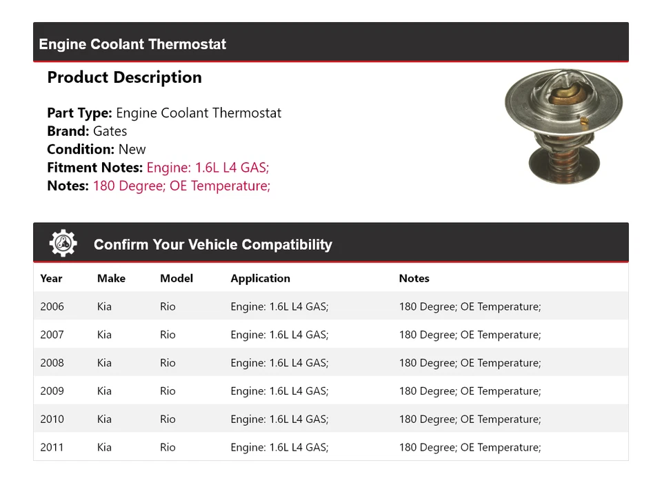 Para Kia Rio 2006-2011 1,6 L L4 Motor Gas Refrigerante Termostato Puertas 2007 2008 2009 Foto 2 de 4