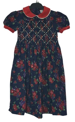 Vintage St Michael Girls Navy Floral Smocked Dress 5 Years - Picture 2 of 10