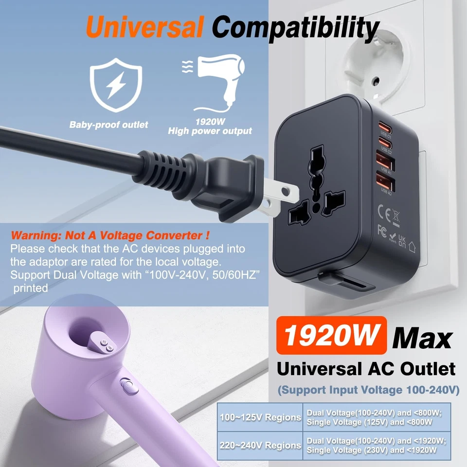 Universal Travel Adapter Fast Charger, Worldwide Plug Adapter 2 USB C PD3.0 & 2 - Image 2 of 4