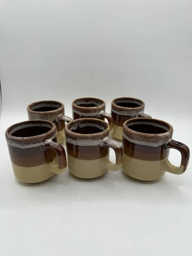 Vintage Set of 6 Brown Drip Glaze Ceramic Coffee Mugs