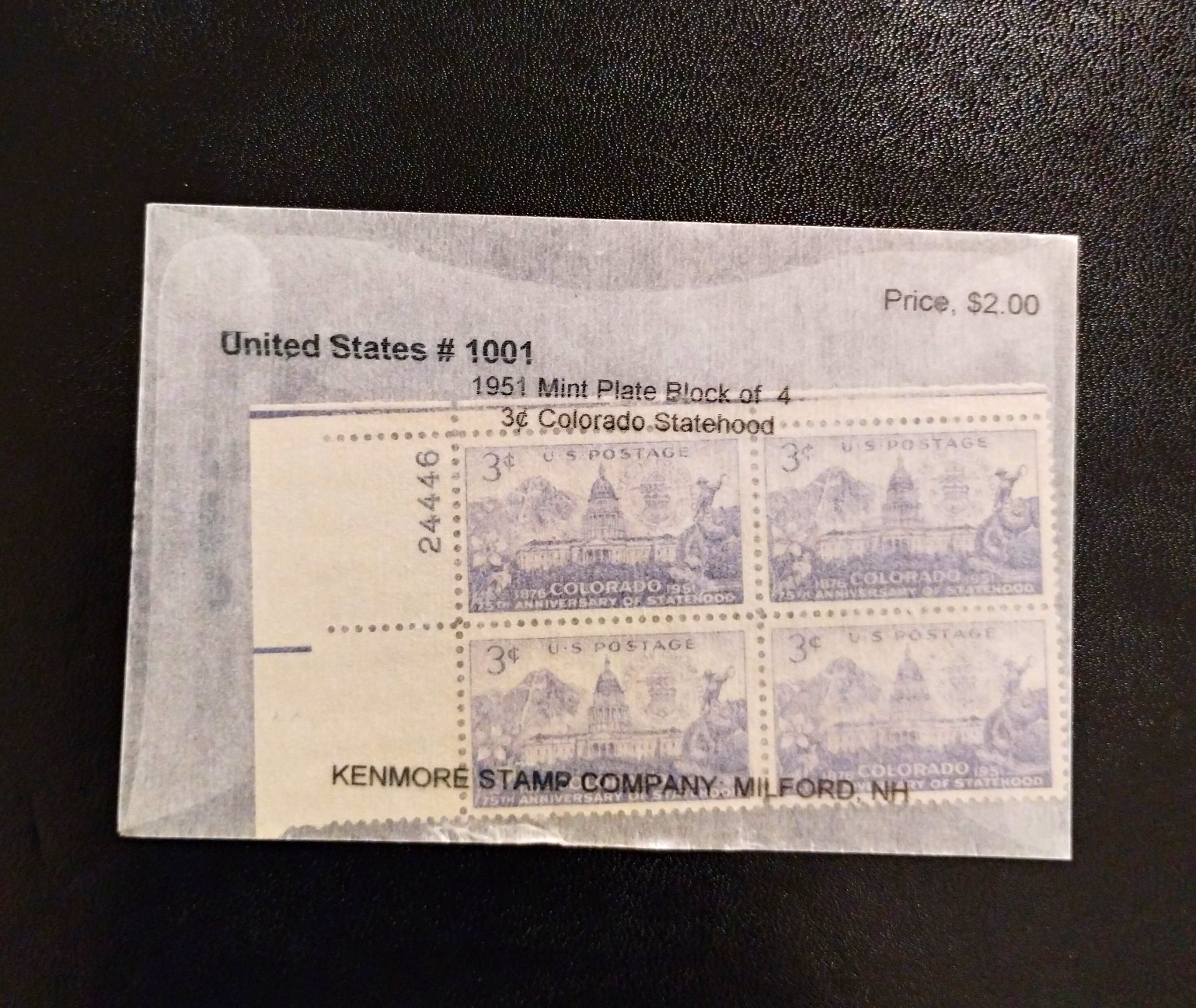 United States Colorado Statehood 3¢ Blue Plate Block of 4 MNH 1951 Scott 1001