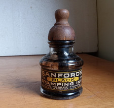 SANFORD'S BLACK STAMPING INK EMB WITH LABEL & WOOD STOPPER 1918 ERA
