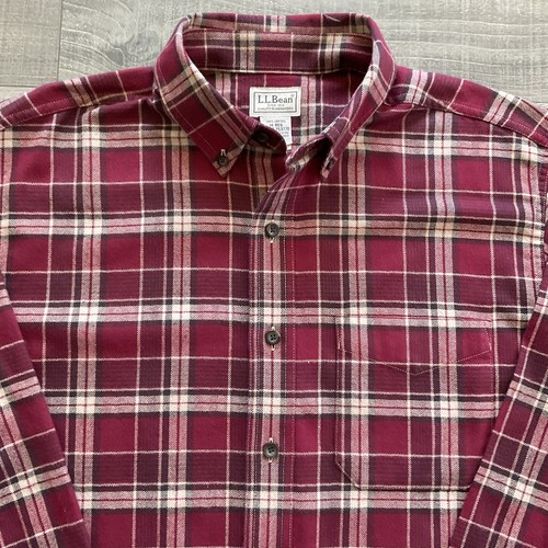 LL Bean Plaid Flannel Shirt Men’s MEDIUM Reg Dark Red Tan Button Down 253770 - Picture 3 of 9