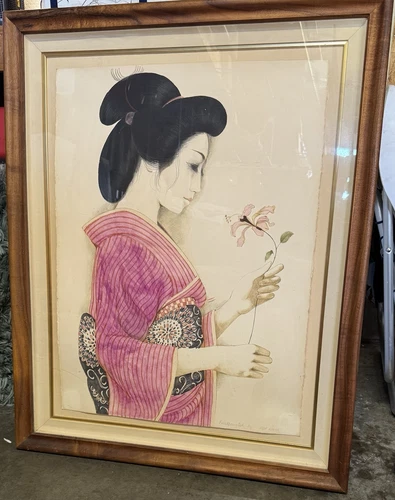 '70s Hawaii Print 195/300 Painting "Girl in Kimono" by MDH Margaret Keane FRAMED