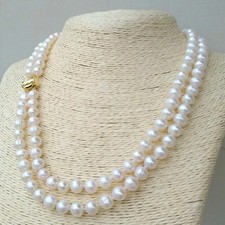 18" Double-strands AAA 9-8MM REAL NATURAL WHITE BAROQUE PEARL NECKLACE 14K CLASP