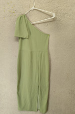 PrettyLittleThing Women Dress 8 Green Poly Blend One Shoulder Bodycon Slit Midi