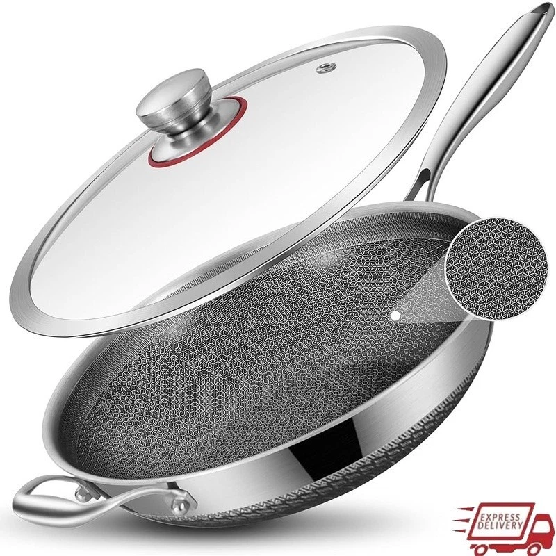 Hybrid Non Stick Wok Pan Tri-Ply Stainless Steel Dishwasher Safe Cooking New