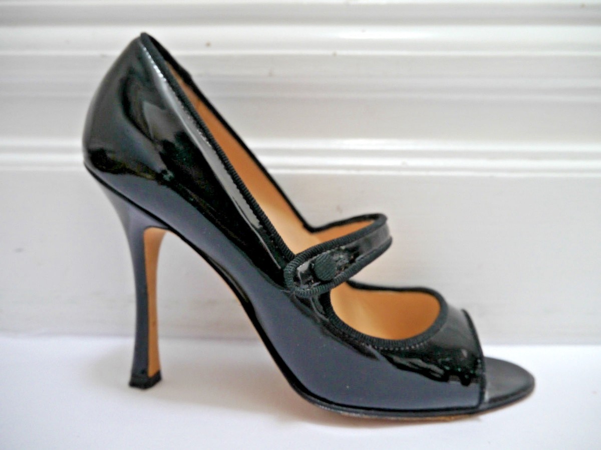 MANOLO BLAHNIK black patent open-toe Mary Jane pump heels